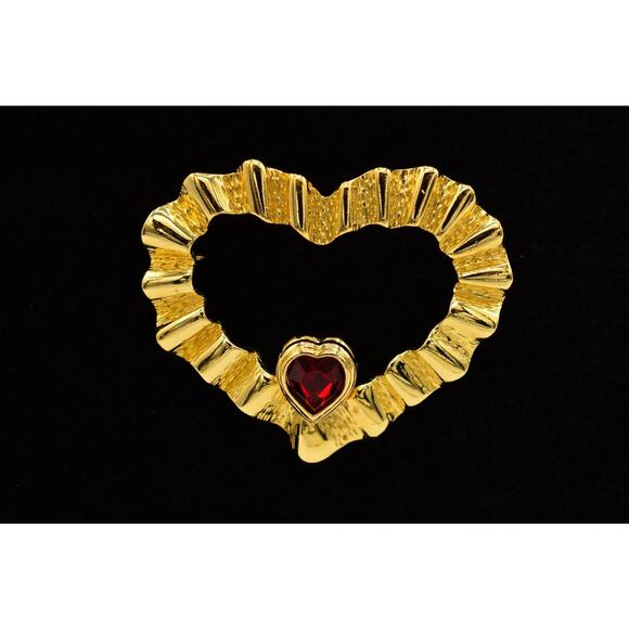 Vintage Heart Pin Brooch Red Rhinestone Crystal Gold Statement 1980s Bin1 - Picture 1 of 11